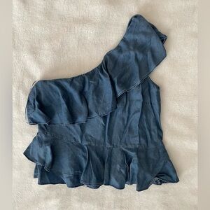 Highline Collective Denim One-Shoulder Ruffle Top in Blue Highline size small